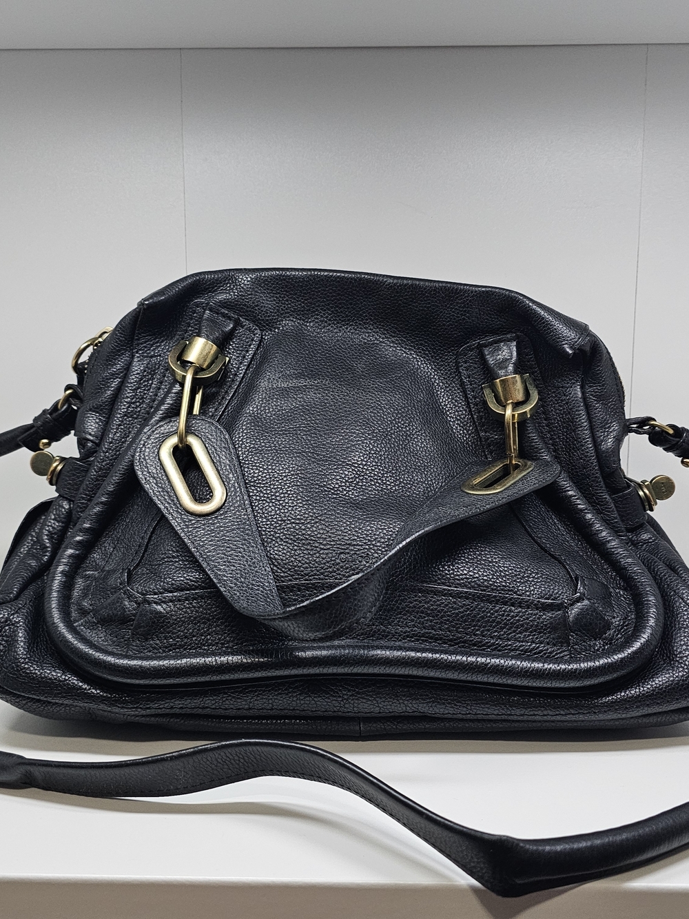 Chloe Paraty Black Leather Shoulder Bag with Gold Hardware